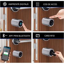 Butuc incuietoare smart Amiko Negru cu Bluetooth, amprente digitale, carduri RFID & chei mecanice